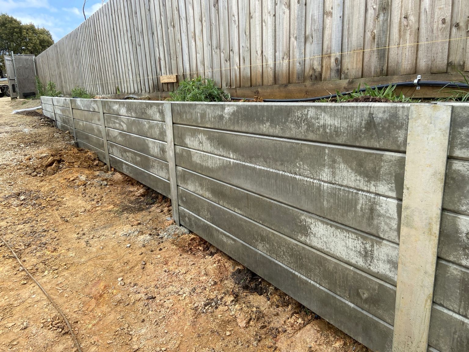 Concrete sleeper retaining wall on steel posts holding a raised garden bed along a timber paling fence, Mount Eliza.